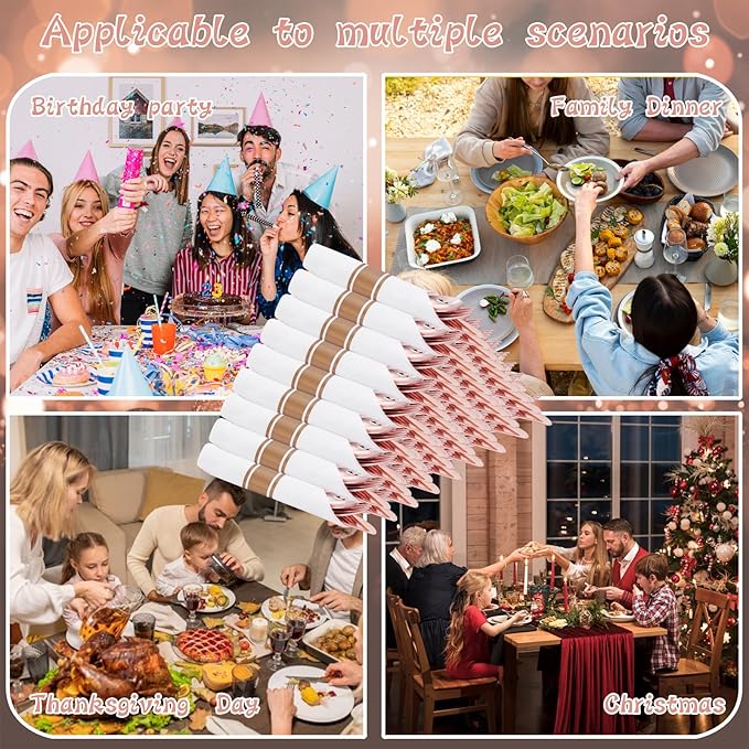 Supernal 100 Pack Rose Gold Plastic Silverware, Wrapped Silverware Set Disposable, Wrapped Plastic Cutlery Set with Napkin, Rose Gold Disposable Cutlery Set for Wedding, Party, Birthday