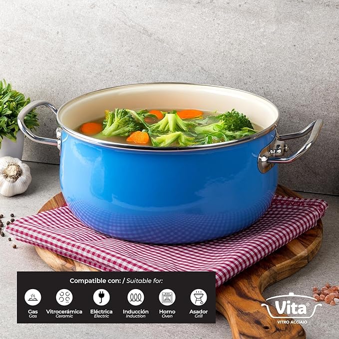 VITA 6-Quart Dutch Oven (Blue) with Lid for All Stove Tops (Enamel on Steel) Dishwasher & Oven Safe up to 500 ℉ - Quick & Even Heat Distribution - Enameled Interior is Non-Reactive & Easy to Clean