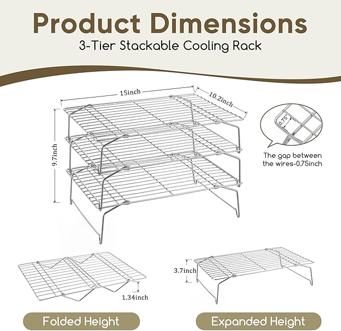 Herogo 15" x 10" Cooling Rack, 3-Tier Stainless Steel Baking Rack for Cookies, Cupcakes, and Pastries, Collapsible Space-Saving Design, Dishwasher Safe, Ideal for Baking, Roasting, and Drying