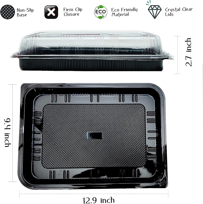 TRAYA Pack of 10 Serving Tray with lid - Reusable Catering Trays with Lids 13'' Long for Meal Prep, Cakes, Treats and Sandwiches (13 * 2.7 * 9.4inch)