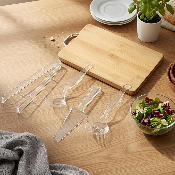 50 Pcs Disposable Plastic Serving Utensils Set Include 8.5'' Serving Spoons Forks 9'' Tongs and Knives for Birthday Party Buffet Dinner Food Salad Utensils Christmas (Clear)