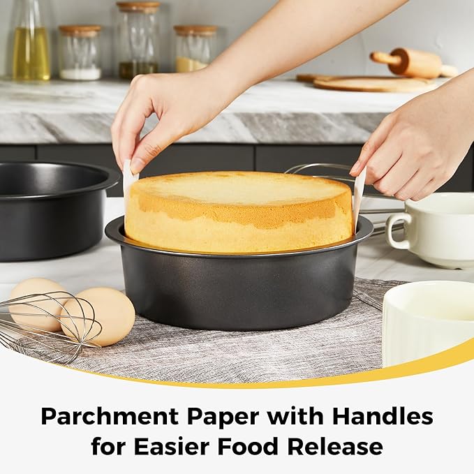 HONGBAKE 6 Inch Round Cake Pan Set for Baking with Healthy Parchment Paper, Nonstick Deeper Circle Cake Pans with Wider Grips, 3 Pieces Premium Layer Cake Tin, Cheesecake Mold, Huty Duty - Grey