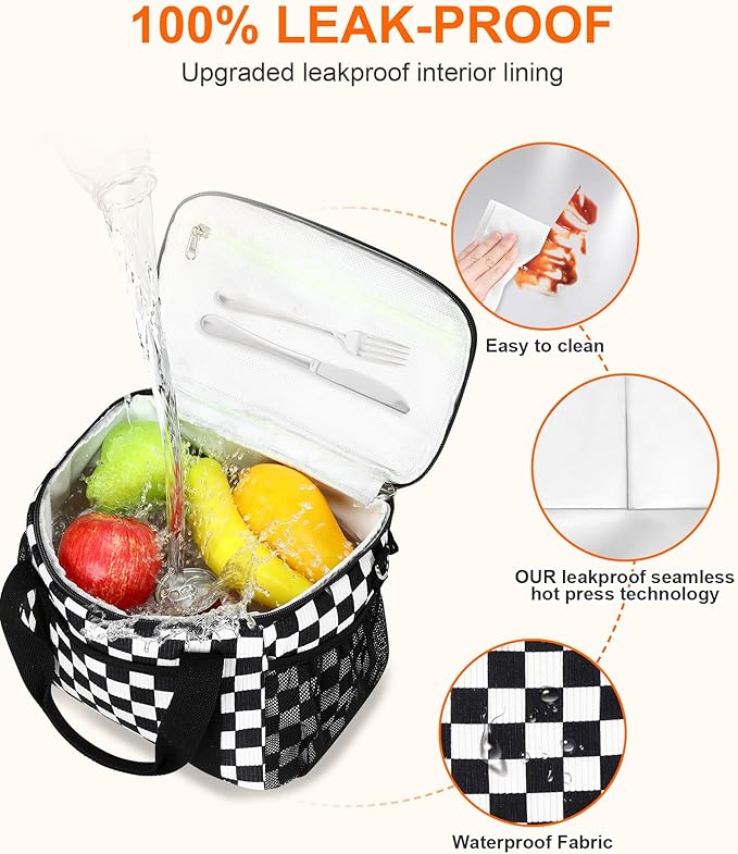 LOIDOU Lunch Box for Women Men Insulated Corduroy Lunch Bag Cooler Leakproof Reusable Adult Lunchbox Adjustable Strap lunch tote for Work Office Beach Picnic, Black Check