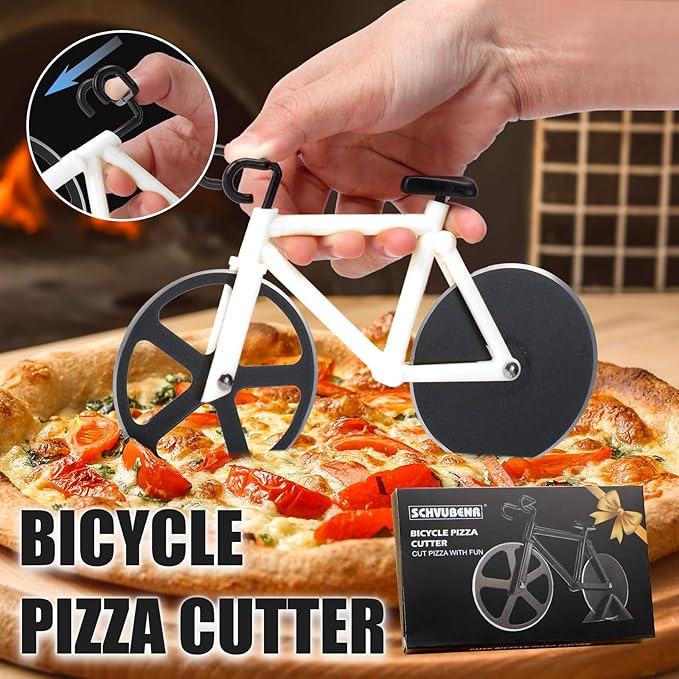 Bicycle Pizza Cutter Wheel - Gifts for Cyclists, Men, Dad, Bike Lovers - Funny Kitchen Gadgets - Cool Father’s Day, Christmas, Birthday, White Elephant Gifts - Stainless Steel Pizza Slicer(White)