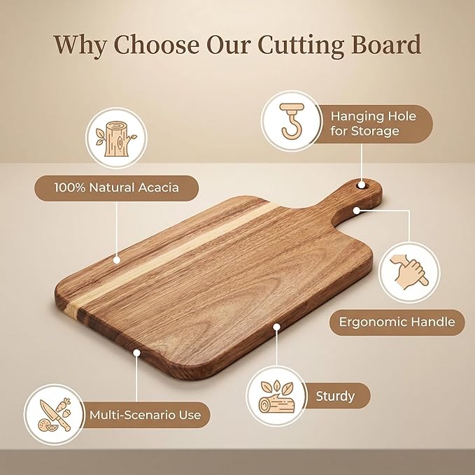 ZeQi 6PCS Small Acacia Wood Cutting Board with Handle 13.7''X7'', Chopping Board, Charcuterie Board, Serving Board for Cheese, Bread, Meat, Vegetables & Fruits (6 Pack Rectangular)