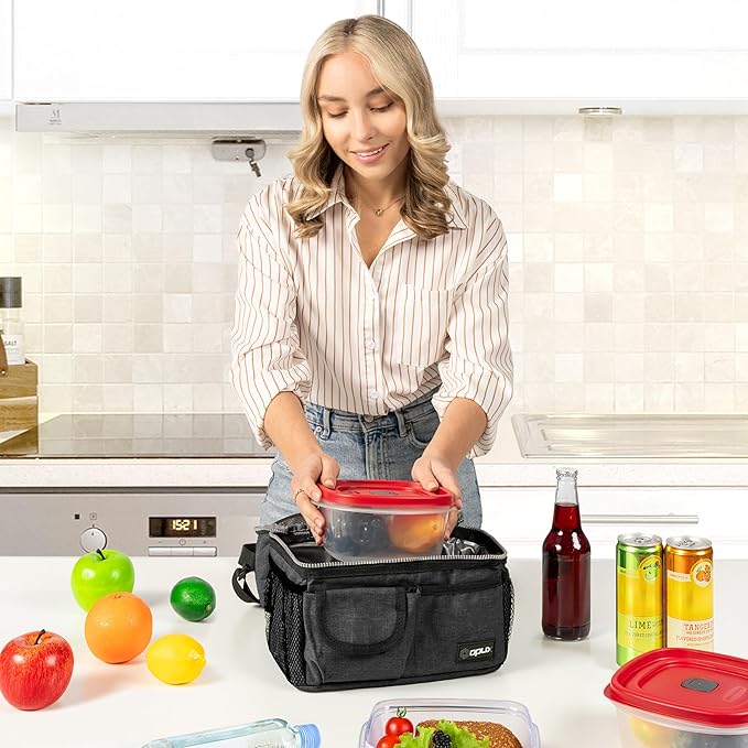 OPUX Lunch Box for Men, Adult Lunch Box Cooler, Insulated Lunch Bag Women, Dual Compartment Lunchbox for Work, Leakproof Double Decker Lunch Bag, Soft Lunch Pail Tote Boys Girls Kids School, Dark Gray