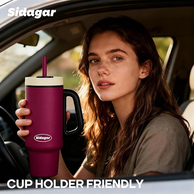 Tumbler with Handle,36 oz Ceramic Lined Travel Mug Water Bottle with Straw,Vacuum Insulated Stainless Steel Cup with Lid,Fits Cup Holder, Leak Resistant Press-in Lid, Purple
