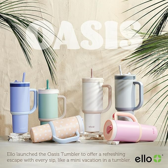 Ello Oasis 24 oz Tumbler with Handle & Retracting Straw | Reusable Insulated Stainless Steel Cup 100% Leakproof, Gifts for Teens Women Men | Keeps cold for 24 Hours, Cup Holder Friendly, Grayscale
