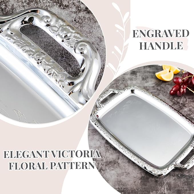 4 Pcs Silver Serving Tray Elegant Floral Metal Plate Silver Platter for Buffet Wedding Party Jewelry Decorative (Oblong with Handle)