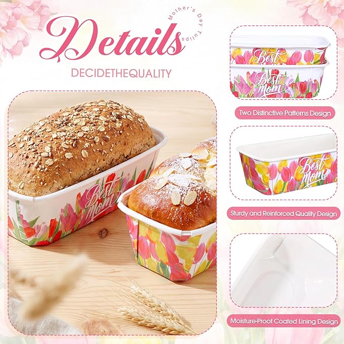 LemonRoad 100 Pcs Mother's Day Mini Loaf Pans with Lids 6.3 x 2.2 x 2.2 Inch Tulip Disposable Paper Baking Pan Bulk, Mothers Day Baking Party Supplies for Cake Bread Oven Bakery