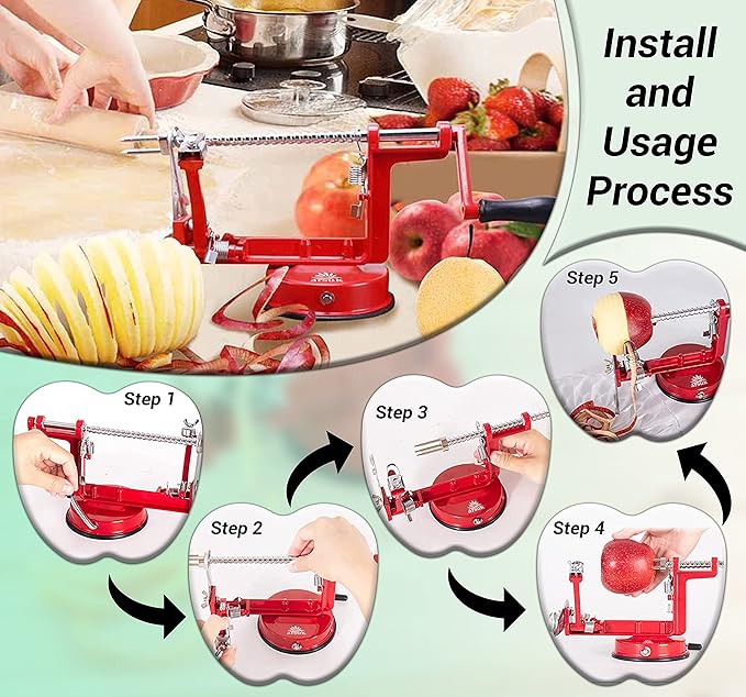 Apple Peeler Slicer Corer - (Extra 2 Blades & 1 Corer) 3 in 1 Kitchen Peeling Machine for Vegetables and Fruits, Stainless Steel Adjustable Blade, Anti Slip Suction Base