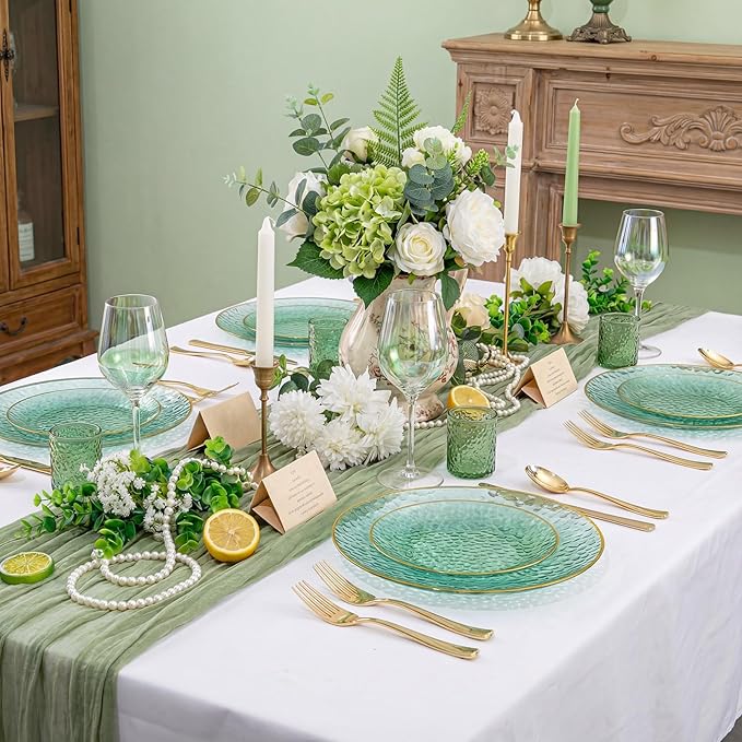 Rubtlamp 60 Green Plastic Plates, Hammered Clear and Gold Disposable Plates, Grenn Disposable Plates Include 30 Dessert Platos, 30 Dinner Platos for Party