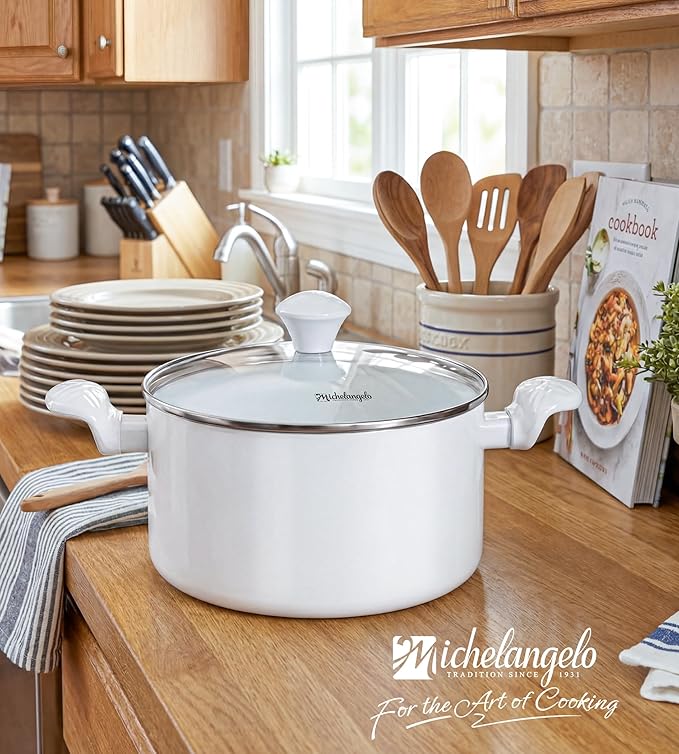 MICHELANGELO Stock Pot with Lid, 6 Quart Soup Pot with Lid, Nonstick Ceramic Cooking Pot with Stay-Cool Handle, Induction Compatible - 6QT, White