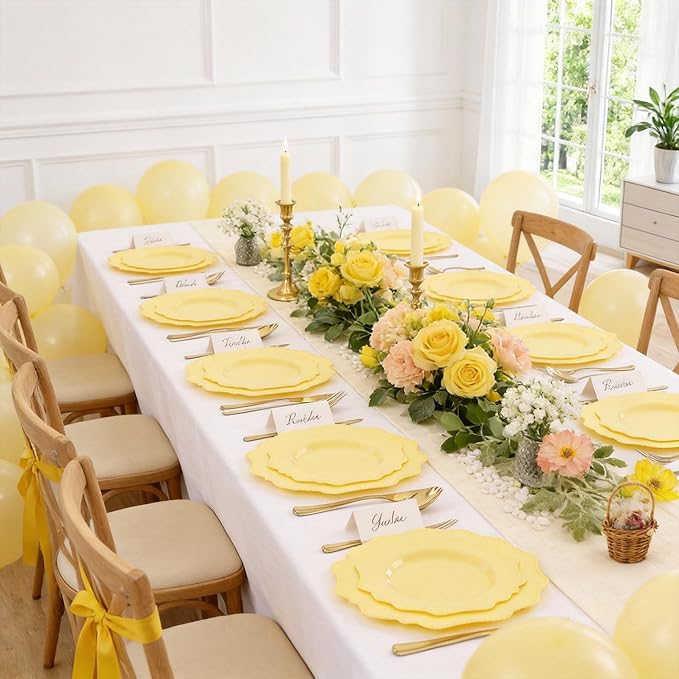 COLOSUS Disposable Lemon Yellow Plastic Plates 60Pcs, Thanksgiving Plastic Plates.,Light Baby Yellow Party Plates, Heavy Duty 30 Dinner plate 10.5" and 30 Salad/Dessert Plate 8.25" for Wedding,Party