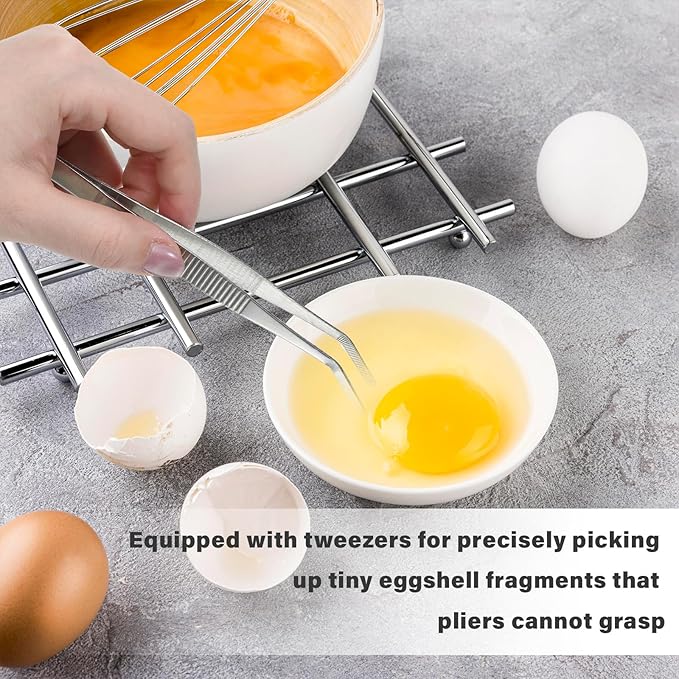 3pcs Egg Chalaza Remover Tongs, 5.98 Inch Toothed Design, Stainless Steel Eggshell Fragment Remover Tweezers, Multipurpose Kitchen Gadget for Eggshell Removal, Food Handling, Baking and Cooking Tools