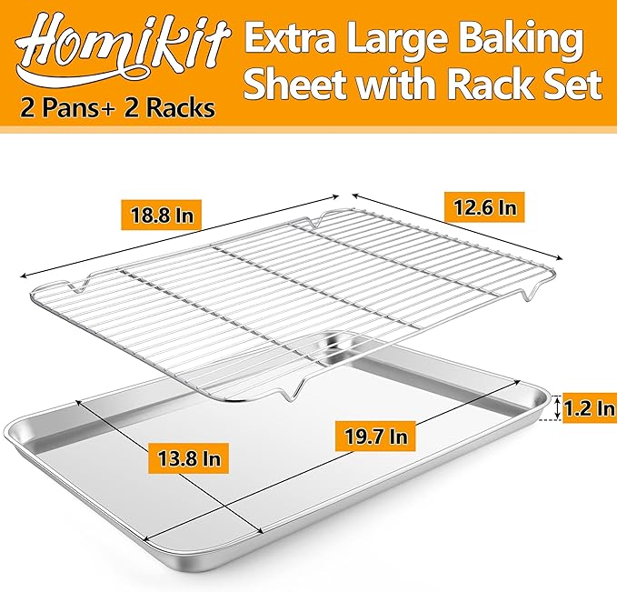 Homikit Baking Sheet with Rack Set (2 Pans+2 Racks), 20x14 Inches Large Stainless Steel Cookie Sheets & Cooling Racks Non Toxic, Big Metal Bacon Crisp Trays for Oven Baking Cooking, Dishwasher Safe