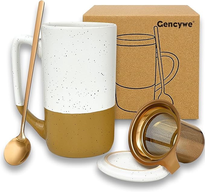 Ceramics Large Tea Cup with Loose Leaf Infuser, Spoon and Lid, 16 oz Tall Coffee Mug, Microwave and Dishwasher Safe, Rustic Matte Ceramic Glaze, Tea Strainer, Amber