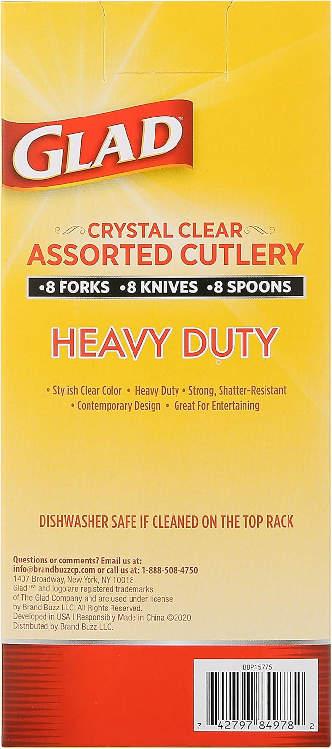Glad Crystal Clear Assorted Plastic Cutlery Forks| Clear And Heavy Duty Plastic Silverware (8 pieces Each - Forks, Knives, Spoons) Glad Disposable Tabletop, 24 Count (Pack of 3)