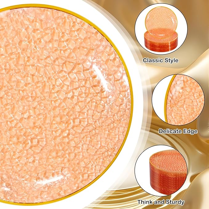Rubtlamp 100 Pcs Clear Orange Gold Plastic Plates, Hammered Orange Party Plates,Heavy duty Dessert Plates,Disposable Salad/Dessert Platos,Clear Gold Plastic Platos 7 Inch for Party