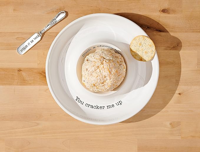 Mud Pie Circa Cheese Ball Dish Set,White, dish 1 1/2" x 9 1/2" dia | spreader 5 1/2"