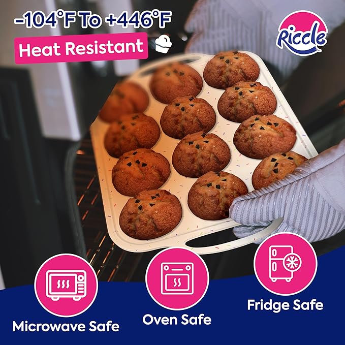 RICCLE Silicone Muffin Pans for Baking with Metal Reinforced Frame, 12-Cup Cupcake Pan, 2 Pcs Muffin Trays for Cupcake Baking, Tray Molds, Oven & Dishwasher Safe, BPA-Free