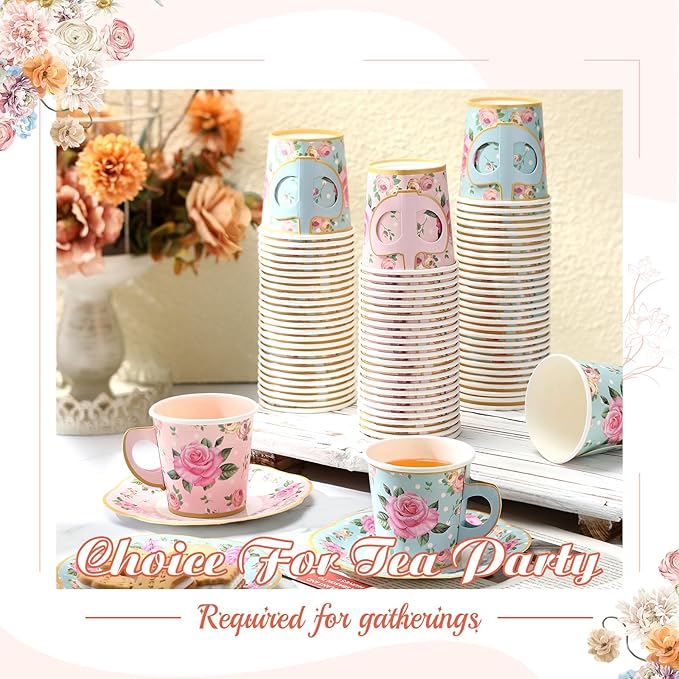 Umigy 60 Sets Spring Tea Party Decorations 6.5 oz Floral Paper Teacups & Saucer Set for Girls Women Afternoon Tea Parties Mothers Day Bridal Shower Wedding Birthday Party Decorations(Pink Blue)