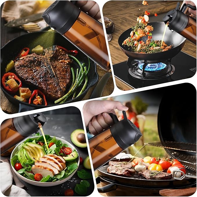 2 in 1 Oil Sprayer for Cooking, 16oz Olive Oil Dispenser Bottle for Kitchen, Food Grade Light-Blocking Leak Proof Glass Spray Bottle for Salad, Air Fryer, BBQ