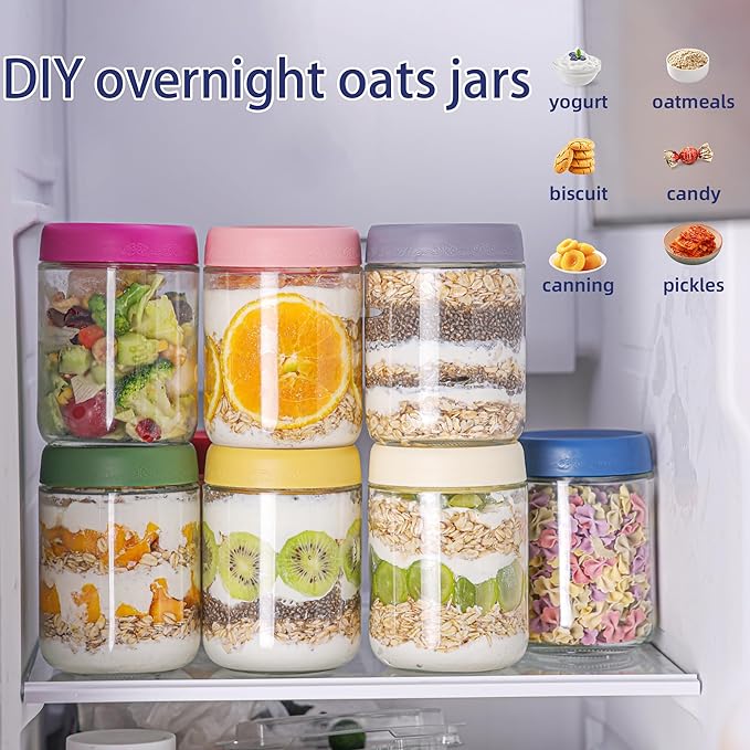 10 OZ 4Pack, Overnight Oats Jars with Lids, Glass Meal Prep Containers, Airtight Mason Jars for Breakfast, Yogurt Parfait, Salad & Smoothies, Leakproof and Reusable Food Storage Jars(4-1)