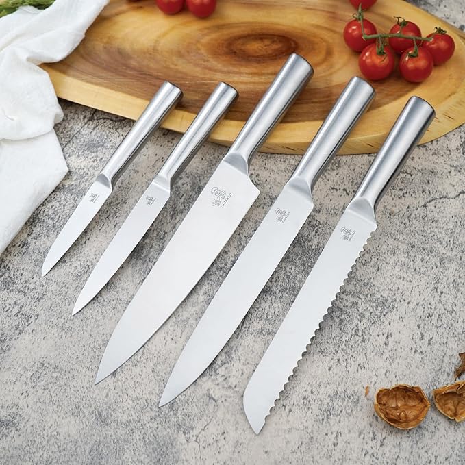 CHUSHIJI 6-Piece Silver Kitchen Knife Set | One-Piece Stainless Steel, Ultra-Sharp, Anti-Rust, Ergonomic Grip Knives with Universal Knife Block for Home Cooks & Beginners (silver)