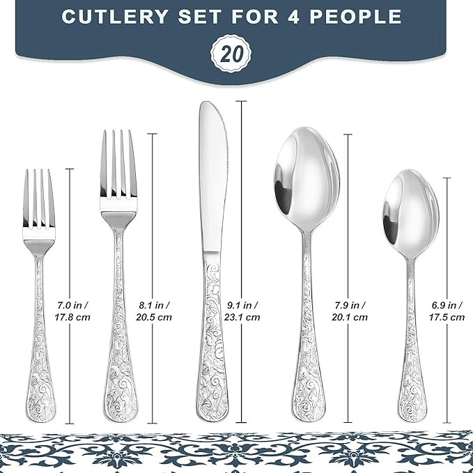 Runfly Vintage Carved Stainless Steel 20 Pieces Flatware Set, Silverware Set, Modern Embossed Cutlery Set Utensils Including Fork Spoon and Knife