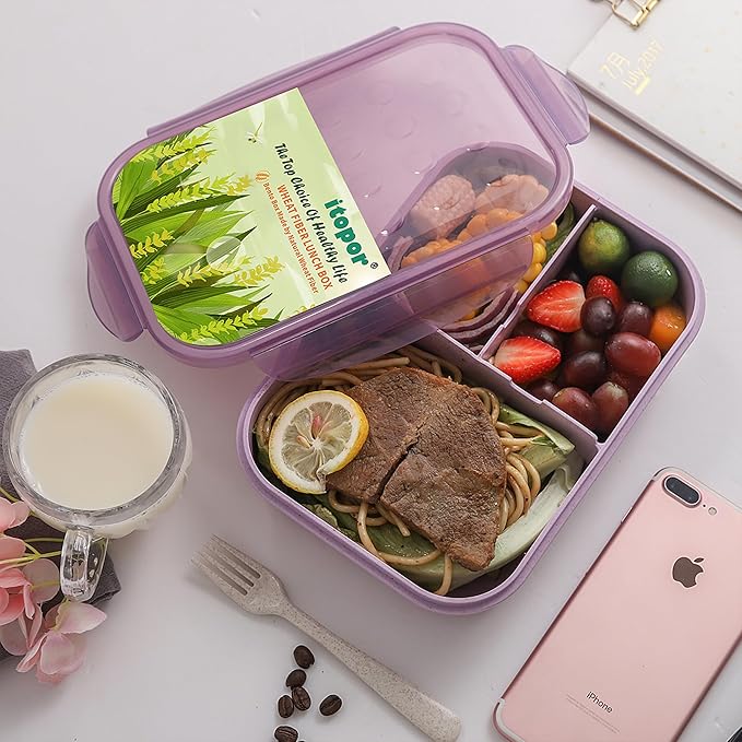 Wheat Straw Lunch Box, Leakproof 3-Compartment Bento Box for Kids & Adults, BPA-Free, Microwave & Dishwasher Safe, 5.5 Cup/1400 ml, Purple