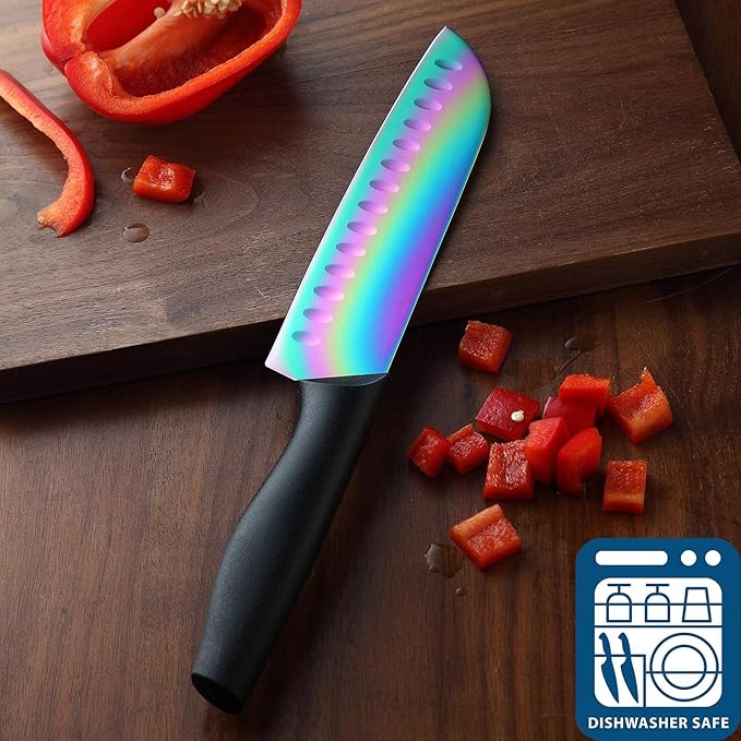 Marco Almond Knife Set with Block, 14 Piece Rainbow Titanium Knife Block Set, KYA25 Cooking Steak Knives set with Black Handle.