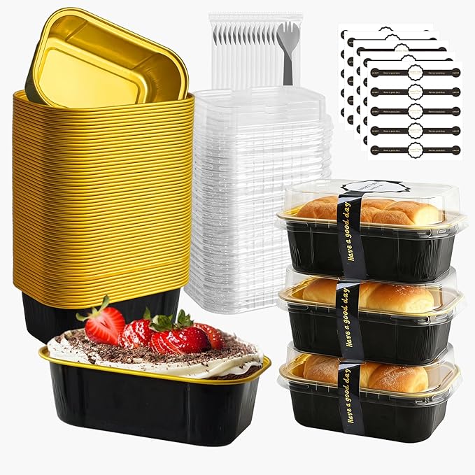 Mini Cake Pans With Lids And Spoons,5.5 oz Rectangle Mini individual Loaf Pans Disposable Aluminum Foil Small Baking Cups Tins (100, Black)