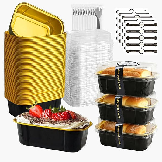 Mini Cake Pans With Lids And Spoons,5.5 oz Rectangle Mini individual Loaf Pans Disposable Aluminum Foil Small Baking Cups Tins (100, Black)