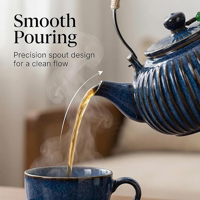 Japanese Ceramic Teapot with Infuser and Removable Stainless Steel Filter for Loose Tea 25 OZ/750ml for Office Home Men Women as Gift Royal Blue