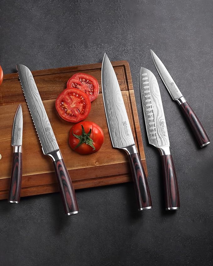 PAUDIN Knife Set, 5PCS Kitchen Knife Set without Block, Stainless Steel Chef Knife Set with Pakkawood Handle, Professional Kitchen Gift Sets for Cooking Lovers