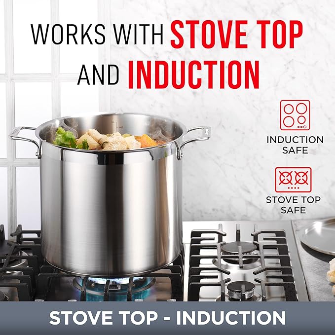 Stainless Steel Stockpot with Lid 24 Quart, Durable 18/8 Stainless Steel, Impact-Bonded Base for Even Heating, Riveted Handles, Oven & All Stove Compatible, Safe Up To 500°F (260°C)
