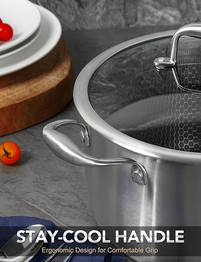 MICHELANGELO Tri-ply Stainless Steel Stock Pot, Heavy Duty Stockpot with Lid, Nonstick Cooking Pot with Honeycomb Interior, Induction Ready, 10 Quart