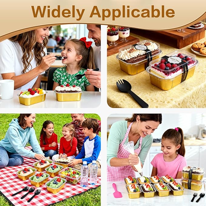 Mini Cake Pans With Lids And Spoons,5.5 oz Rectangle Mini individual Loaf Pans Disposable Aluminum Foil Small Baking Cups Tins (200, Gold)