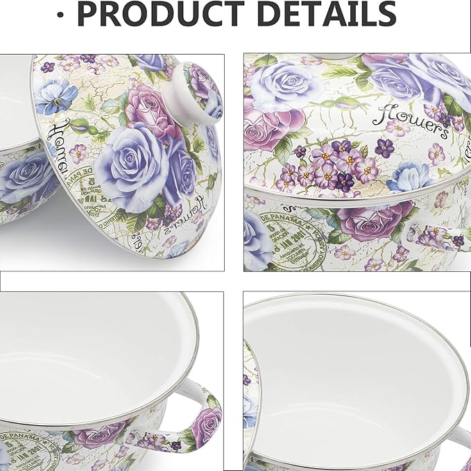 Enamel Stockpot with Lid, 2.5 Quart Retro Cooking Pot, Vintage Floral Stew Bean Simmer Pot with Handle, Kitchen Soup Pot,Retro Classic Design