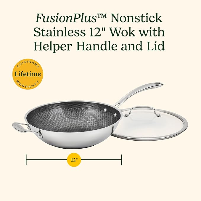 Cuisinart FusionPlus Hybrid Nonstick Stainless Steel Cookware, 12-Inch Wok Pan with Cover and Helper, PFAS-Free PURELYSEAR Ceramic Technology, Scratch Proof, Cool Grip Handles, Dishwasher Safe