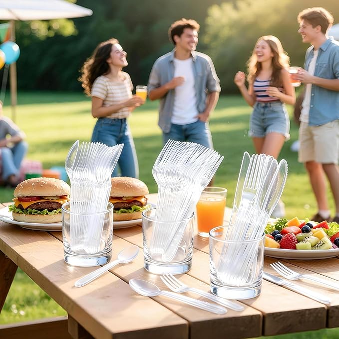 360 Count Extra Heavy Duty Plastic Silverware, BPA-Free, Heat Resistant, Disposable Clear Plastic Utensils Set, Plastic Cutlery Set, Plasticware Bulk for Parties, Events and Everyday Use