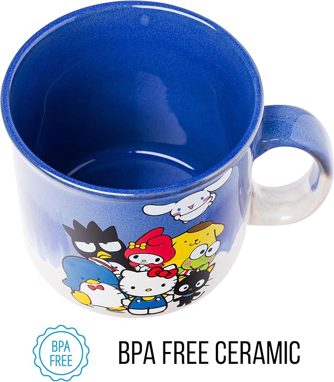 Silver Buffalo Sanrio Hello Kitty and Friends Featuring Chococat, Tuxedo Sam, Badtz-Maru, My Melody, Pompompurin, Keroppi, and Cinnamoroll Reactive Glaze Ceramic Camper Mug, 20 Ounces