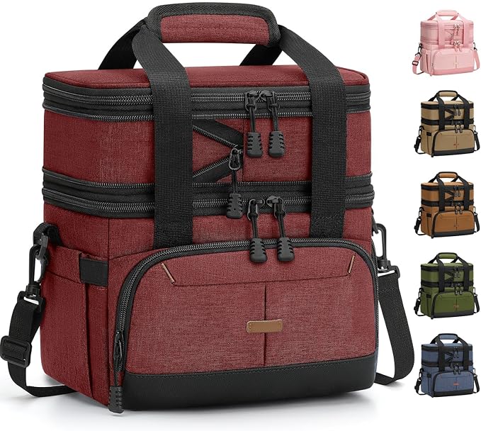 Lunch Box For Men Women Double Deck Insulated Lunch Bag For Men Woman Leakproof Expandable Cooler Bag with Adjustable Shoulder Strap for Work Picnic Camping(Wine Red,Large)