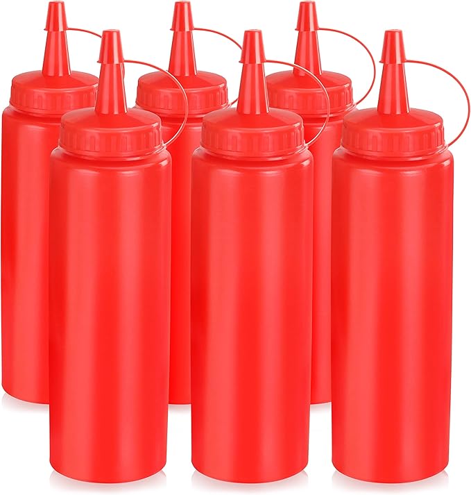 New Star Foodservice 8 oz Red Squeeze Bottle, Regular Mouth, Pack of 6