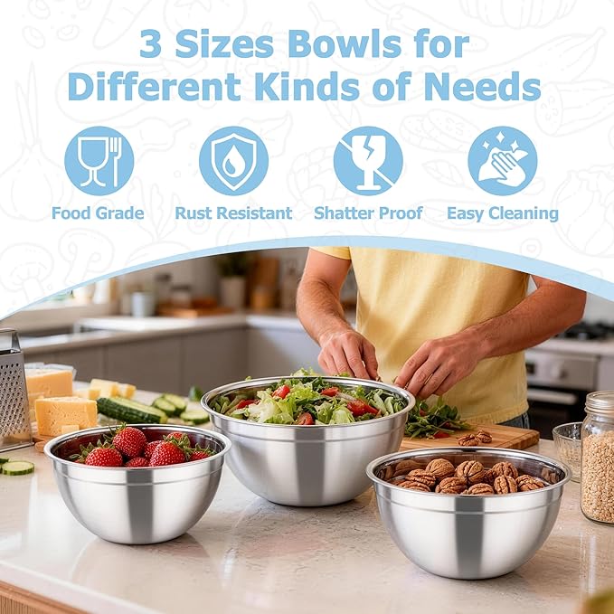 TeamFar Mixing Bowls, 4.5/3/1.5 QT Stainless Steel Nesting Salad Bowls with Airtight Lids, For Serving/Mixing/Storing/Prepping, Non-Toxic & Sturdy, Visible & Easy Clean, Black, Set of 3