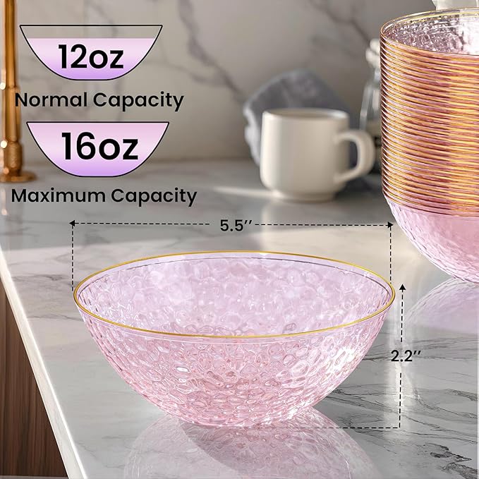 I00000 20 Pack 12 Ounce Pink Plastic Bowls Hammered Gold Rimmed Crystal Like, Heavy duty Disposable Bowl Set,Elegant Soup/Salad/Dessert/Ice Cream Small Bowls for Party Weddings