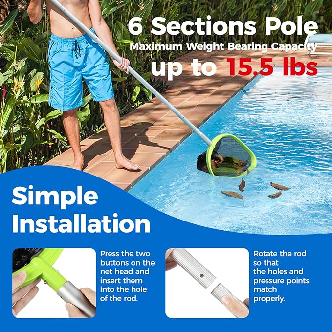 【Upgrade】 Pool Net Total Length 6 Feet, Swimming Pool Skimmer Net with 6 Section Telescopic Aluminum Pole for Fast Cleaning Ponds, Hot Tub, and Spas, Pool Cleaner Supplies and Accessories