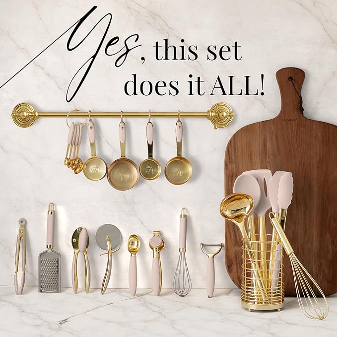 Styled Settings 23-Piece Beige and Gold Utensils Set – Silicone Nonstick Cooking Tools with Garlic Press, Can Opener, Measuring Cups, Utensil Holder – Luxury Kitchen Accessories for Modern Homes