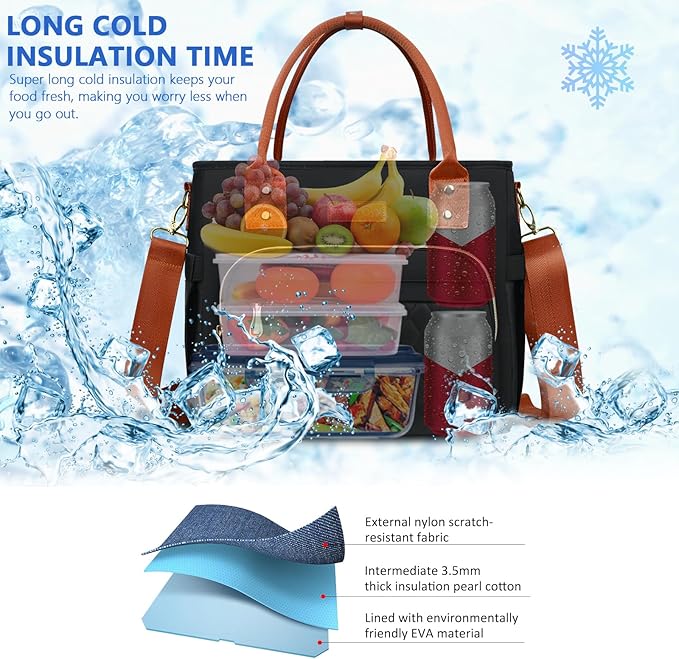 MIYCOO Lunch Bag Lunch Box Women - Leakproof Insulated Lunch Cooler Bag for Women - Large Lunch Tote Bags Adults, Black Orange